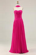 Graceful A Line Strapless Sleeveless Pleated Floor-Length Prom Dress