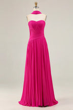 Graceful A Line Strapless Sleeveless Pleated Floor-Length Prom Dress