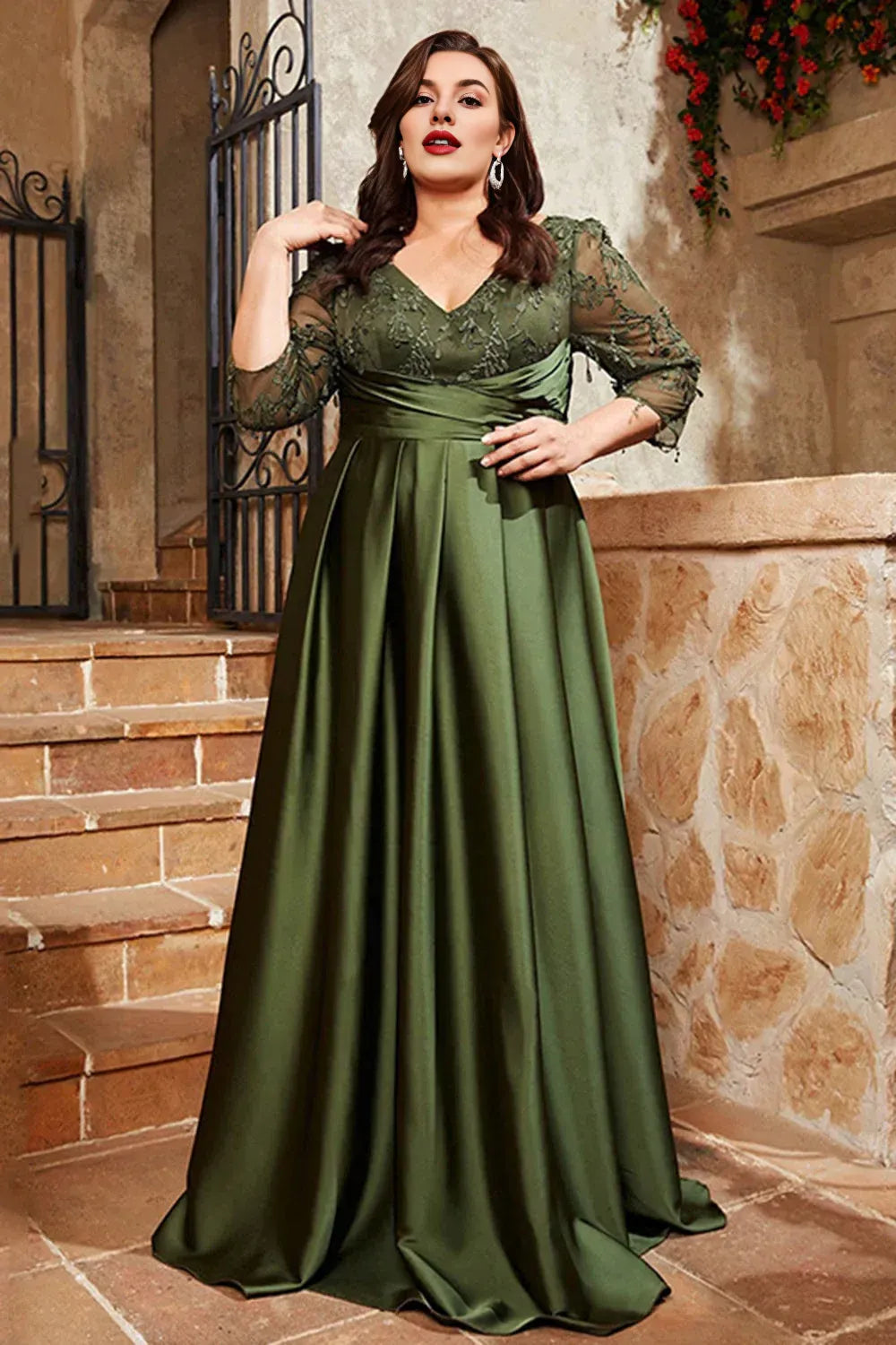 Graceful A Line V Neck 1/2 Sleeves Appliques Floor-Length Plus Size Mother of Bride Dress