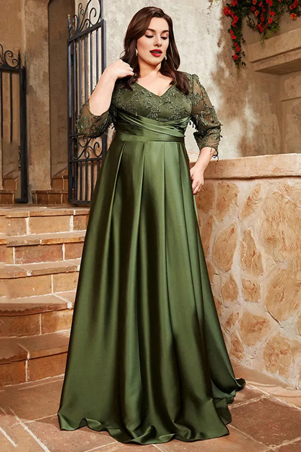 Graceful A Line V Neck 1/2 Sleeves Appliques Floor-Length Plus Size Mother of Bride Dress