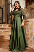 Graceful A Line V Neck 1/2 Sleeves Appliques Floor-Length Plus Size Mother of Bride Dress