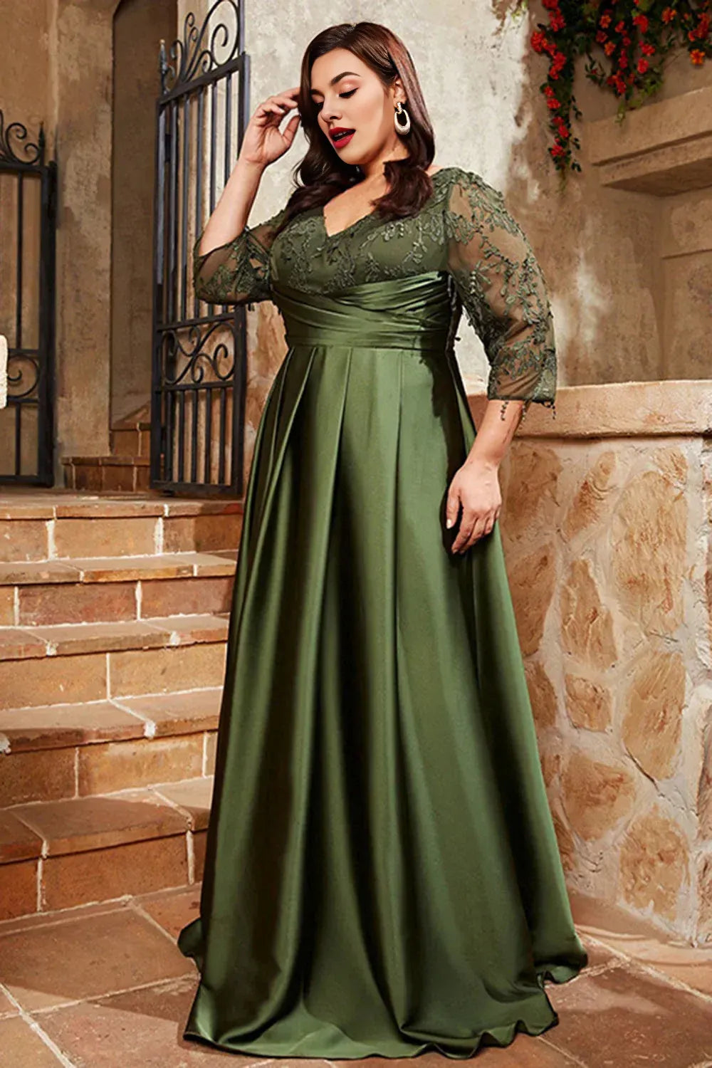 Graceful A Line V Neck 1/2 Sleeves Appliques Floor-Length Plus Size Mother of Bride Dress