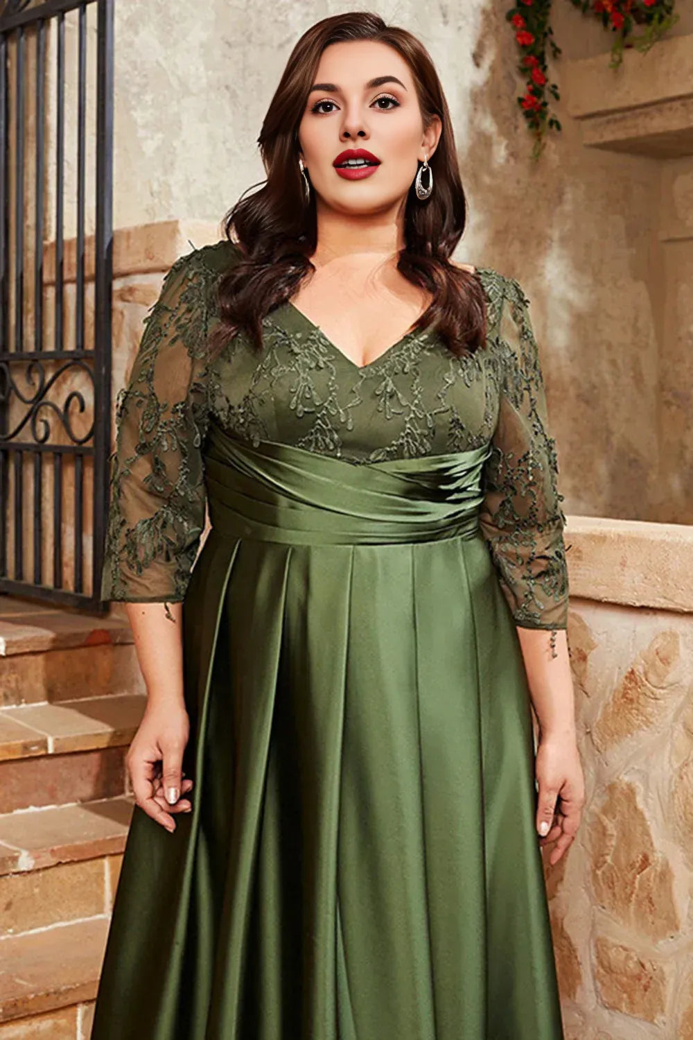 Graceful A Line V Neck 1/2 Sleeves Appliques Floor-Length Plus Size Mother of Bride Dress