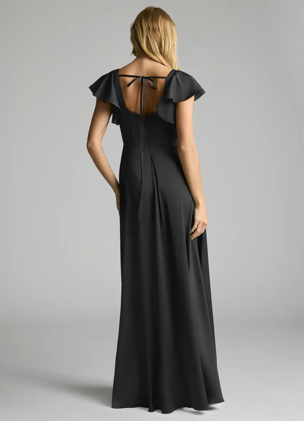 Graceful Bridesmaid Dress with Ruffled Flutter Sleeves, Square Neckline and Tie-Back