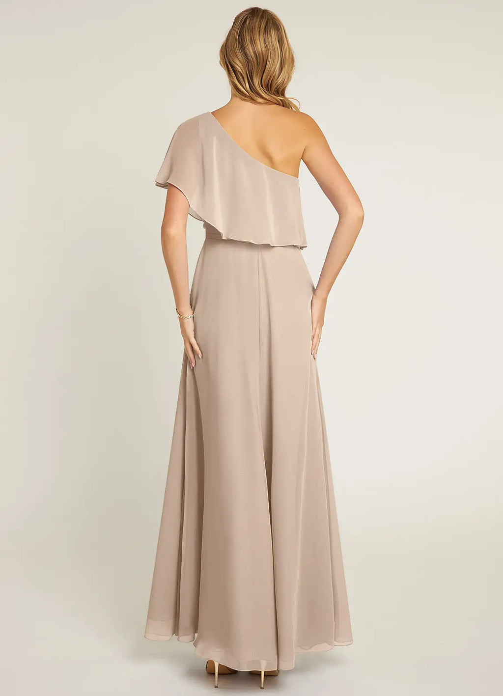 Graceful Chiffon A-Line One-Shoulder Capelet Sleeve Open-Back Floor-Length Bridesmaid Dress