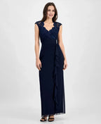 Graceful Column V Neck Cap Sleeve Ruffles Floor-Length Mother of the Bride Dress