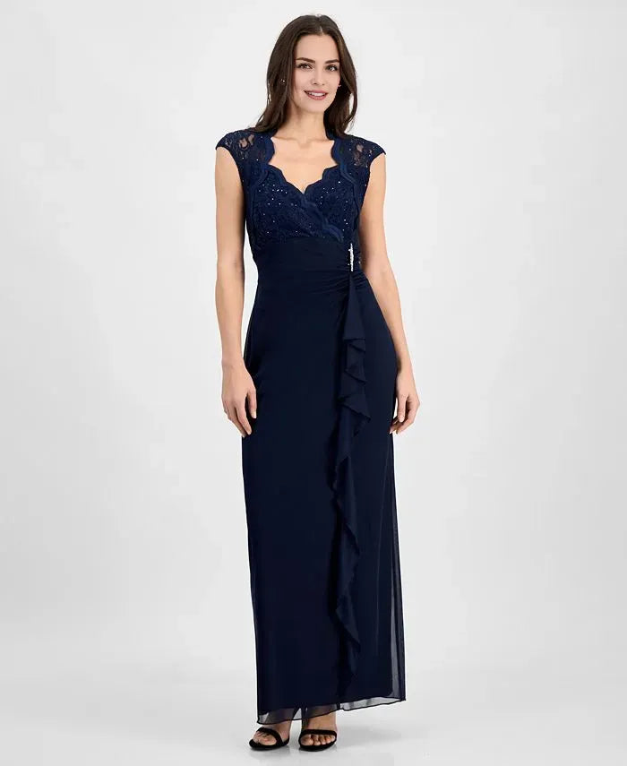 Graceful Column V Neck Cap Sleeve Ruffles Floor-Length Mother of the Bride Dress