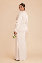 Graceful Fitted V Neck Long Sleeve Satin Maxi Bridesmaid Dress