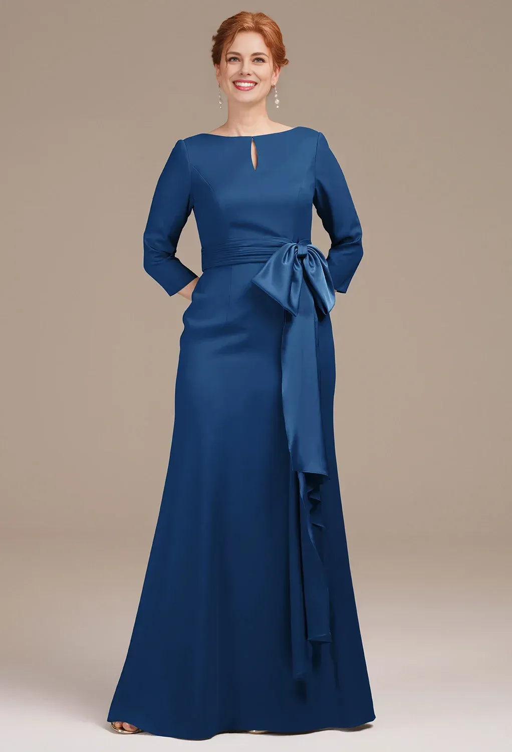 Graceful Mermaid Bateau Neck 3/4 Sleeves Pleated Floor Length Mother of the Bride Dress