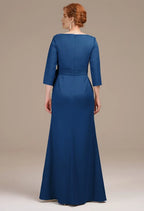 Graceful Mermaid Bateau Neck 3/4 Sleeves Pleated Floor Length Mother of the Bride Dress