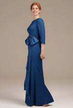 Graceful Mermaid Bateau Neck 3/4 Sleeves Pleated Floor Length Mother of the Bride Dress
