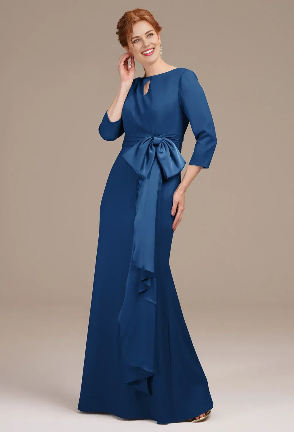 Graceful Mermaid Bateau Neck 3/4 Sleeves Pleated Floor Length Mother of the Bride Dress