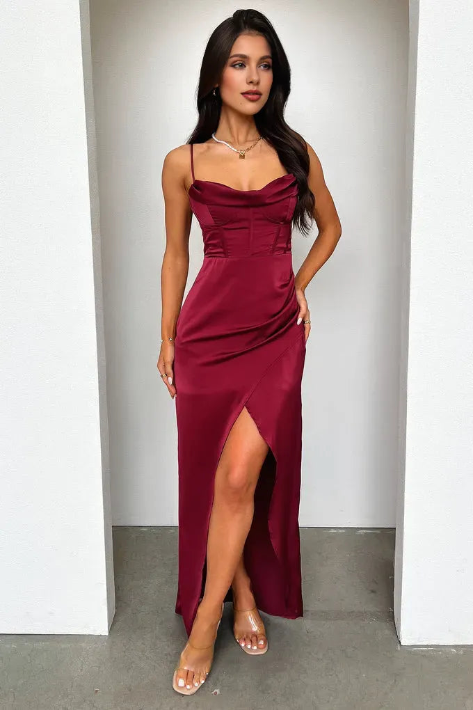 Graceful Mermaid Cowl Neck Sleeveless Pleated Slit Floor-Length Prom Dress