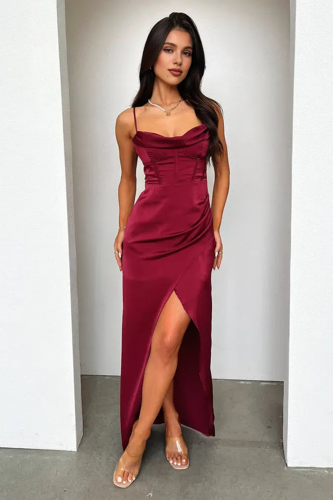 Graceful Mermaid Cowl Neck Sleeveless Pleated Slit Floor-Length Prom Dress