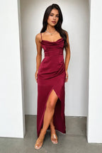 Graceful Mermaid Cowl Neck Sleeveless Pleated Slit Floor-Length Prom Dress