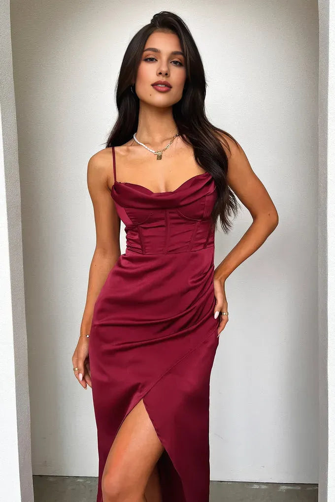 Graceful Mermaid Cowl Neck Sleeveless Pleated Slit Floor-Length Prom Dress