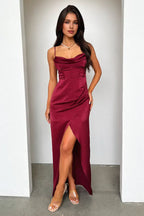 Graceful Mermaid Cowl Neck Sleeveless Pleated Slit Floor-Length Prom Dress