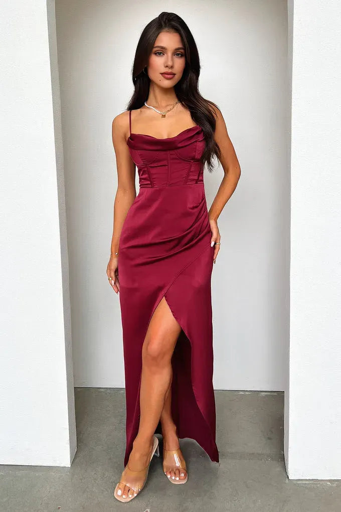 Graceful Mermaid Cowl Neck Sleeveless Pleated Slit Floor-Length Prom Dress