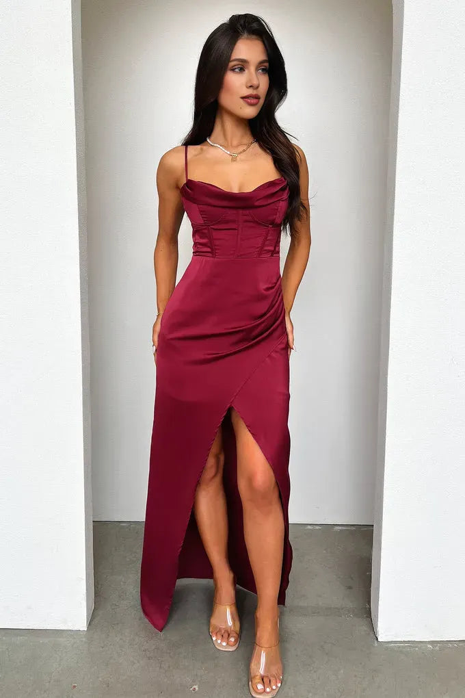 Graceful Mermaid Cowl Neck Sleeveless Pleated Slit Floor-Length Prom Dress