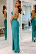 Graceful Mermaid Cowl Neck Sleeveless Slit Floor Length Prom Dress