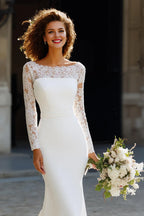 Graceful Mermaid/Trumpet Boat-Neck Long Sleeve Sweep Train Wedding Dress