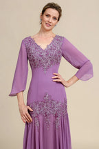Graceful Mermaid V Neck Long Sleeve Appliques Floor-Length Mother of the Bride Dress