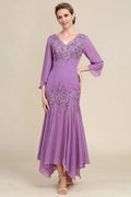 Graceful Mermaid V Neck Long Sleeve Appliques Floor-Length Mother of the Bride Dress