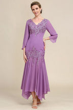 Graceful Mermaid V Neck Long Sleeve Appliques Floor-Length Mother of the Bride Dress