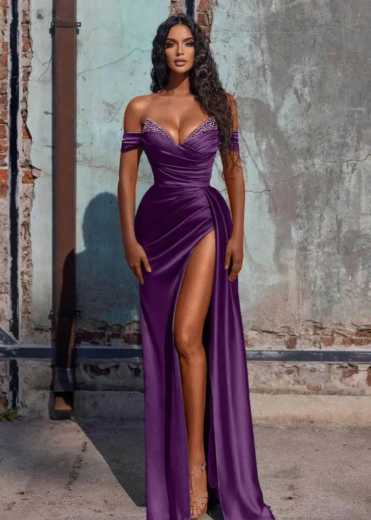 Graceful Mermaid V Neck Sleeveless Slit Sweep Train Prom Dress