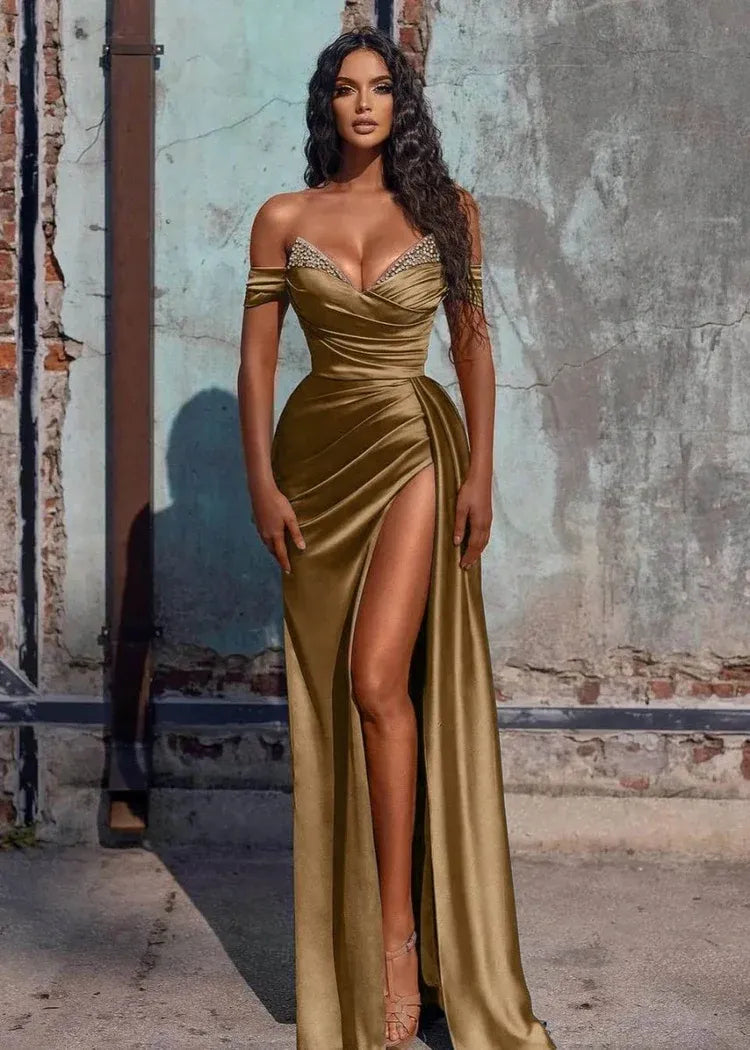 Graceful Mermaid V Neck Sleeveless Slit Sweep Train Prom Dress
