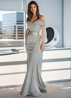 Graceful Off-The-Shoulder Mermaid Long Sleeves Pleated Sweep Train Evening Dress