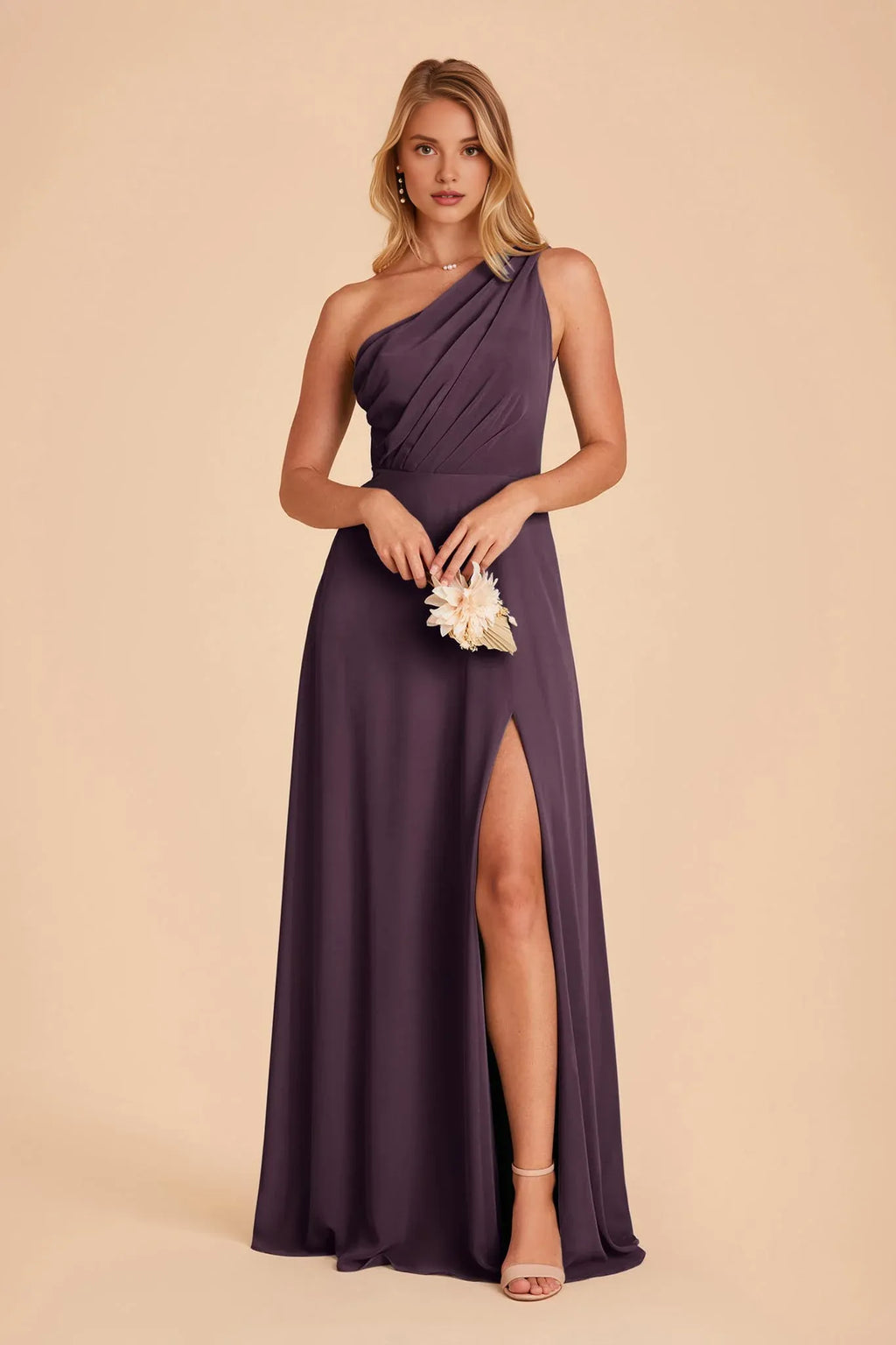 Graceful Plum One Shoulder Pleated Chiffon Maxi Bridesmaid Dress