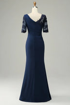 Graceful Sheath Boat Neck Short Sleeve Appliques Floor-Length Mother of Bride Dress