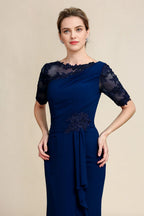 Graceful Sheath Boat Neck Short Sleeve Appliques Floor-Length Mother of Bride Dress
