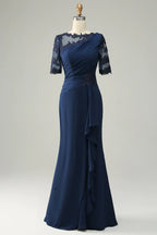 Graceful Sheath Boat Neck Short Sleeve Appliques Floor-Length Mother of Bride Dress