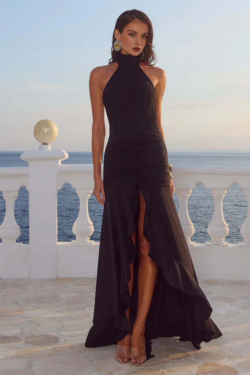 Graceful Sheath Halter Neck Sleeveless Backless Floor-Length Prom Dress