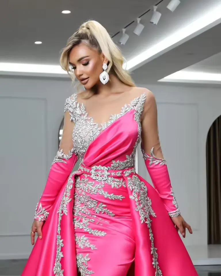 Graceful Sheath Off-The-Shoulder Long Sleeves Slit Sweep Train Prom Dress