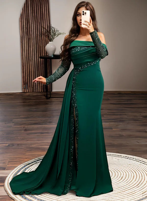 Graceful Sheath Off-The-Shoulder Long Sleeves Slit Sweep Train Prom Dress