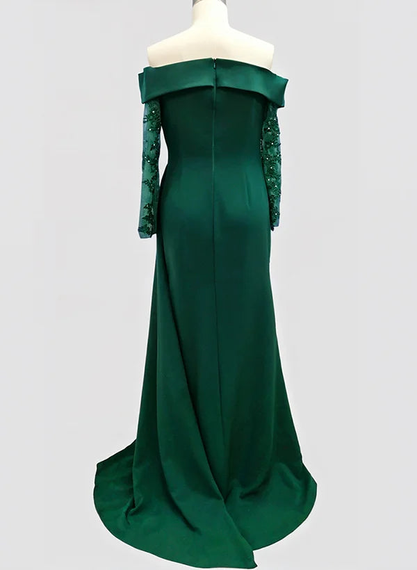 Graceful Sheath Off-The-Shoulder Long Sleeves Slit Sweep Train Prom Dress