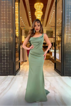 Graceful Sheath One-Shoulder Sleeveless Pleated Sweep Train Evening Dress