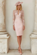 Graceful Sheath V Neck Long Sleeve Appliques Tea-Length Mother of the Bride Dress