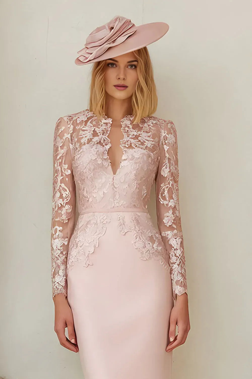 Graceful Sheath V Neck Long Sleeve Appliques Tea-Length Mother of the Bride Dress