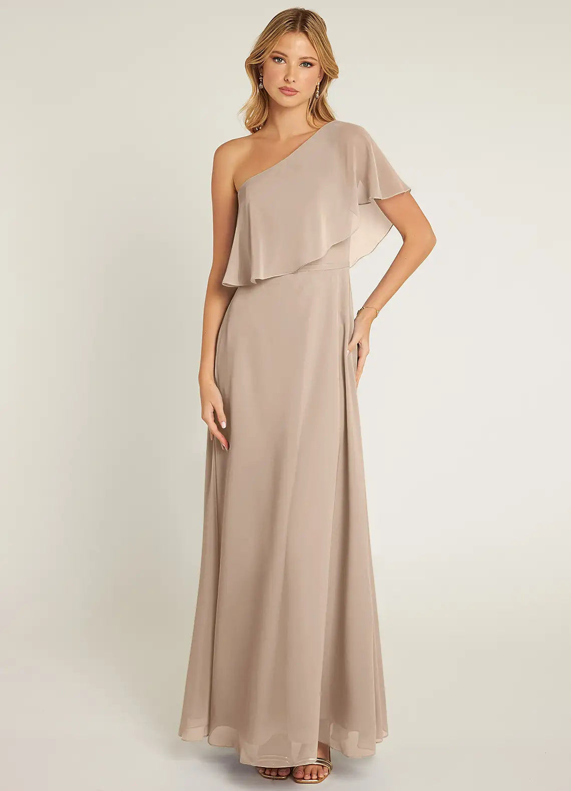 Graceful Chiffon A-Line One-Shoulder Capelet Sleeve Open-Back Floor-Length Bridesmaid Dress