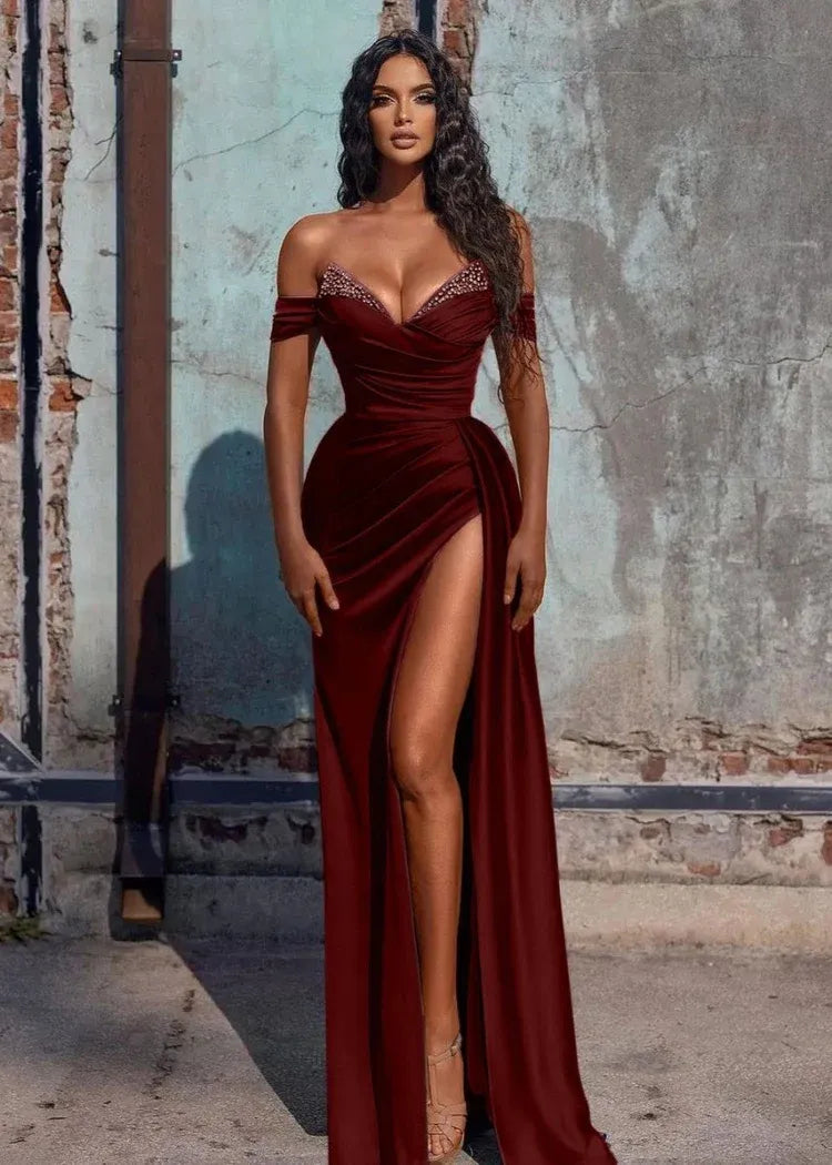 Graceful Mermaid V Neck Sleeveless Slit Sweep Train Prom Dress