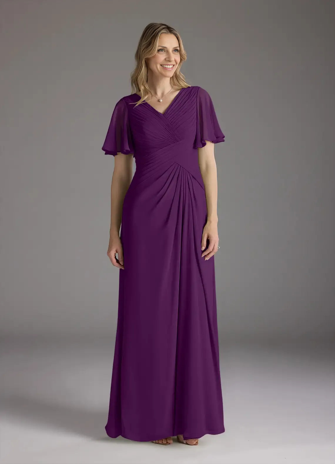 Dress A-Line V-Neck Ruched Mother of the Groom Dresses Elegant Ruffle Flutter Sleeves V Back Evening Dress