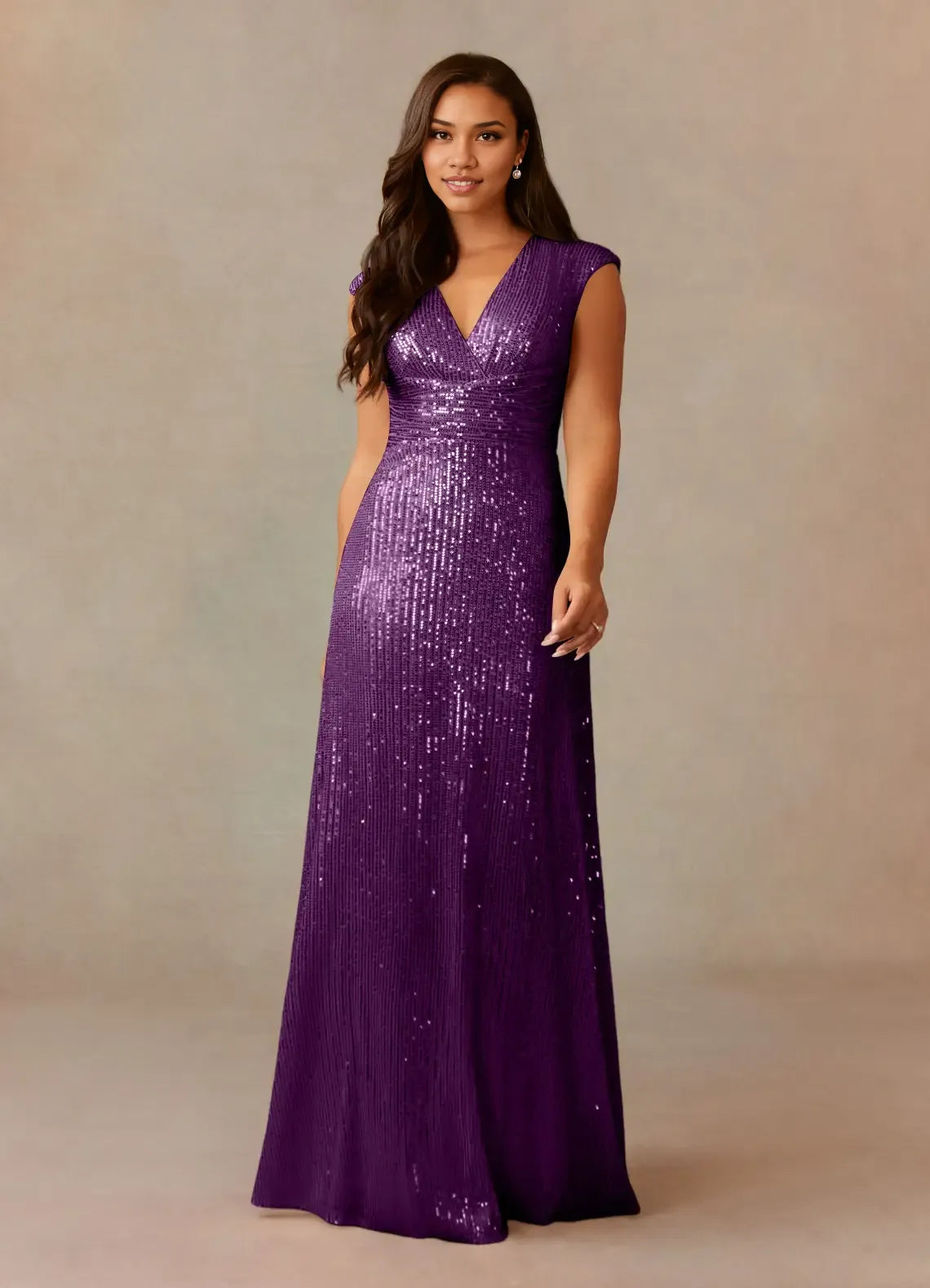 Dress Champagne A-Line V-Neck Ruched Sequins Mother Of The Bride Dresses Cap Sleeves Back Zip Ruffle Evening Dress