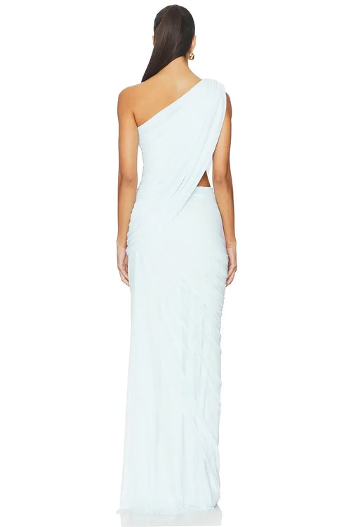 Robe de soirée longue grecque fourreau asymétrique à épaule dénudée et dos découpé