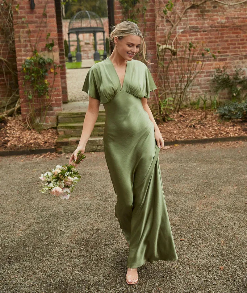 Dress Deep V Neck Batwing Bridesmaid Dress Champagne Pleated Solid Color Fashion Prom Dress