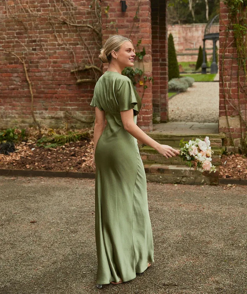 Dress Deep V Neck Batwing Bridesmaid Dress Champagne Pleated Solid Color Fashion Prom Dress