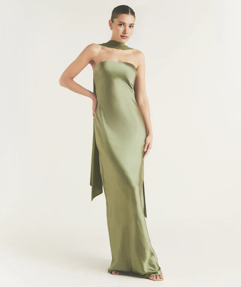 Dress Fashion Strapless Neck Bridesmaid Dress Maxi Dress Backless Solid Color Sleeveless Prom Dress With Scarf